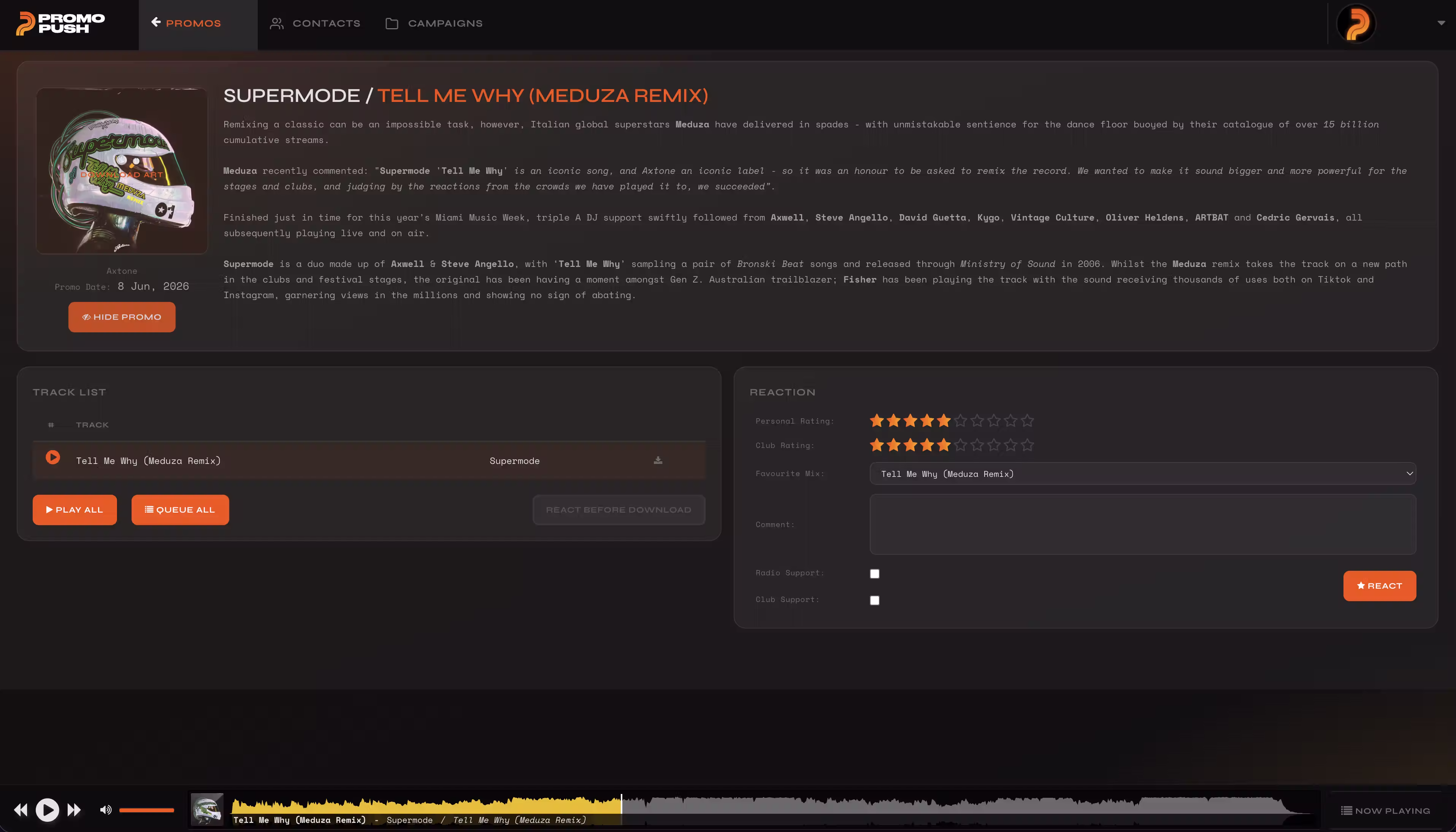 Promo Push app: promo page with track list, player and DJ reaction form